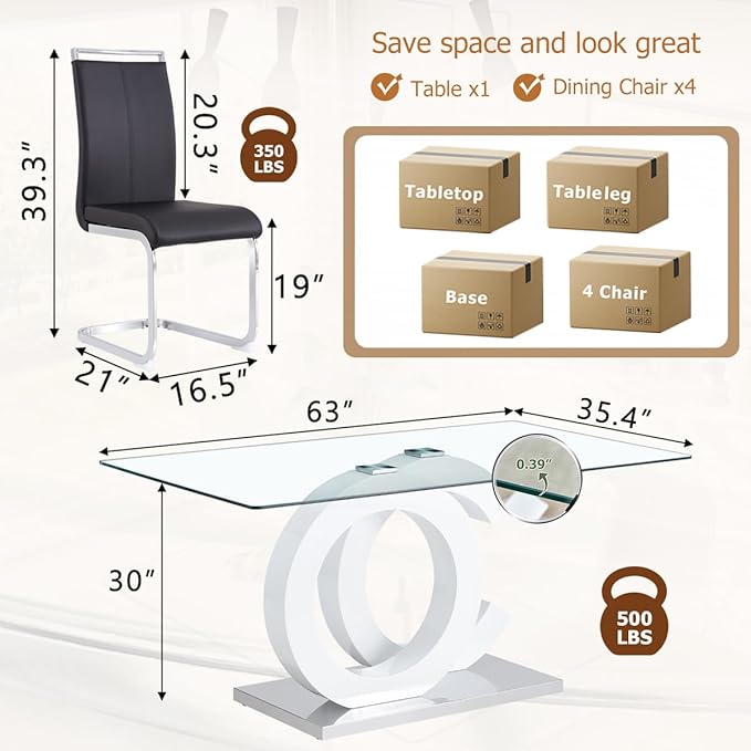 63'' Glass Dining Table Set for 4, Kitchen Table Chairs Set of 4, Clear Glass Dining Table with White unique design Leg and Silver Metal Base, 4 PU Dining Chairs with Metal Legs, Living Room, Kitchen.