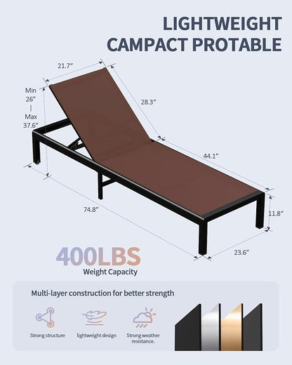 Aluminum Lounge Chairs Outdoor Chaise Furniture,2 Sets Patio Metal Deck Lounger Adjustable 5-Position Poolside Chase Recliner with Wheels for Beach,Coffee Table, (Brown, 1 Chair)