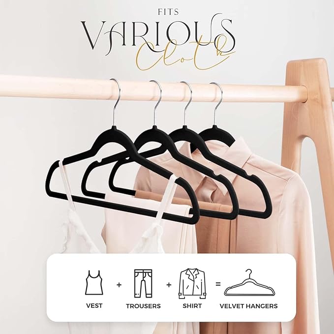 HOUSE DAY Black Velvet Hangers 240 Pack, Premium Non-Slip Felt Clothes Hangers, Sturdy Black Hanger Heavy Duty Durable for Coat, Suit, Space Saving No Hanger Mark Rotating Hook