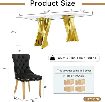 Goujxcy Modern 5 Piece Glass Dining Table Set Luxury Glass Kitchen Table and Chair Set for 4, 70" Large Rectangular Dining Room Table with 4 Tufted Chairs and Stainless Steel Legs (Gold & Black)