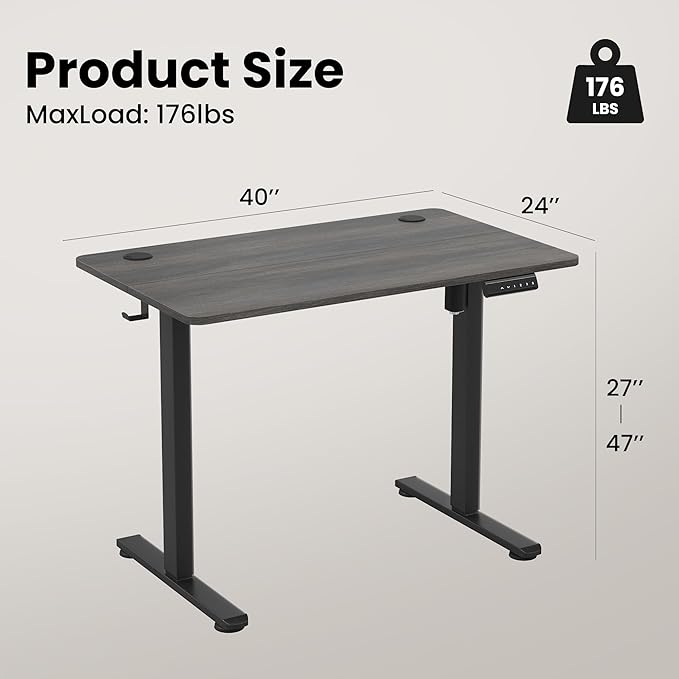 Casaphoria 40 x 24 inches Inch Electric Standing Desk, Sit to Stand Desk with Memory Height Adjustment, Home Office Computer Desk for Writing and Games, Grey