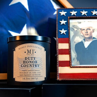 Manly Indulgence Duty Honor Country Scented Jar Candle, 2 Wick, 16.5 oz Premium Soy Blend Wax, 60H Burn, Candles for Home Scented - Made in The USA