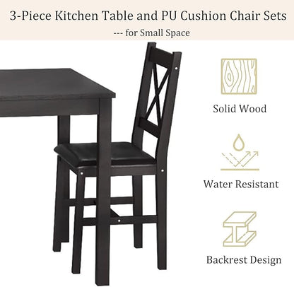 3-Piece Solid Wood Kitchen Table Set for 2 | Pine Dining Table with Upholstered Chairs | Space-Saving Design | Smooth Easy-to-Clean Surface | for Dining Room, Apartment, Restaurant, Dark Brown