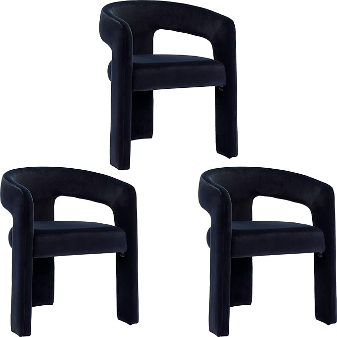 Set of 3 Modern Velvet Fabric Upholstered Dining Chairs with Open-Back, Cute Barrel Side Chairs Kitchen Armchair Accent Chairs for Dining Room Bedroom, Black