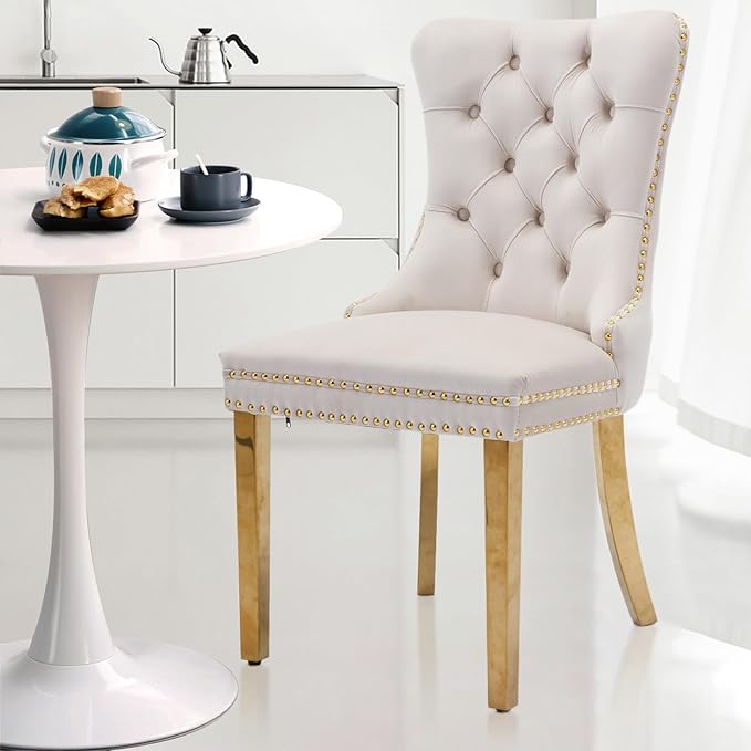 SoarFlash Kitchen Table and Chairs for 2, 31.5" Dining Table Set for 2 with Velvet Upholstered Chairs, 3 Piece Round Kitchen Table Set, Dining Room Table Set for Small Space, Apartment, Beige/White
