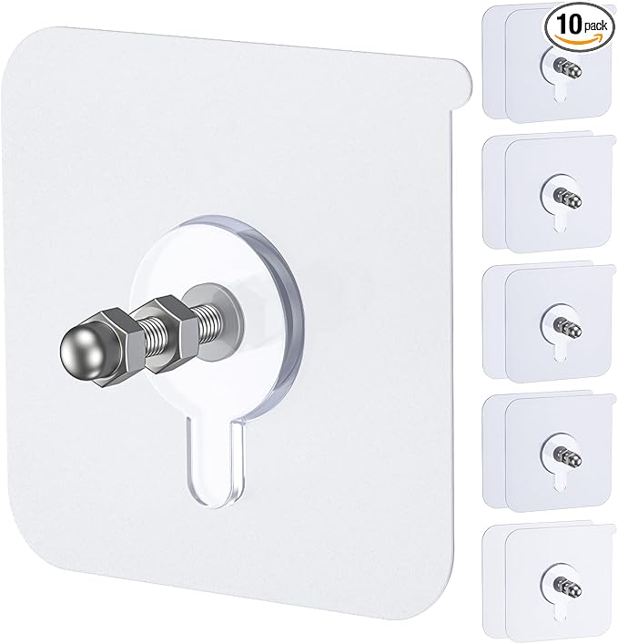 Uniclife 10 Pcs Self Adhesive Picture Hooks, 26.5 lbs Load Heavy Duty Picture Hangers Without Nails, 16 mm Adhesive Wall Hooks for Hanging, Transparent Waterproof Sticky Hooks for Bathroom Kitchen