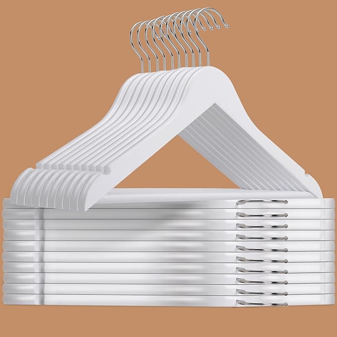 Amber Home 20 Pack Wooden Hangers with Non Slip Pant Bar - White Wood Coat Hangers for Shirts, Jackets, Dress