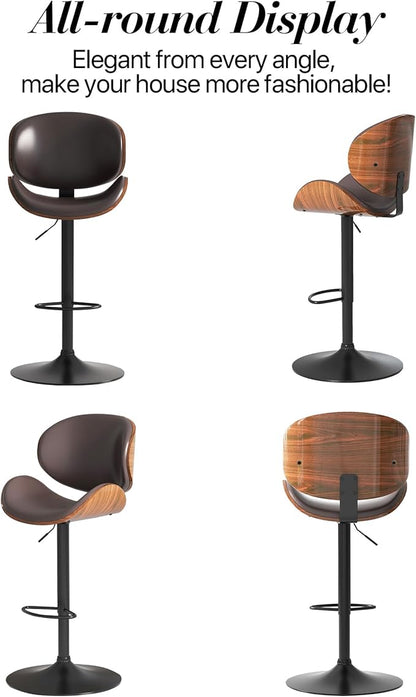 Adjustable Swivel Bar Stools Set of 2, Modern Bentwood Barstool with Large Metal Base and Footrest, PU Leather Upholstered Bar Chair with Curved Back for Kitchen Island Dining Room, Brown