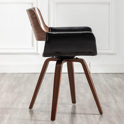 LUNLING Swivel Accent Faux Leather Dining Chairs, Mid Century Modern Chairs with Wooden Legs/Armrest/Upholstered Seat/Adjustable Foots for Kitchen Dining Room Desk Chairs,Black,1PCS