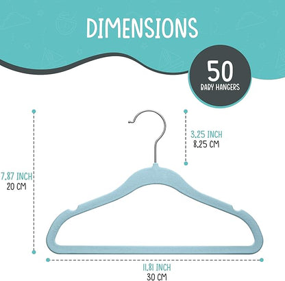 50 Pack Premium Baby Velvet Hangers (Blue) - 11.8" Inches Non-Slip, Ultra-Slim & Space-Saving Toddler Hangers - 360° Rotating Hook, Strong & Durable Hanger for Children, Infant & Toddler
