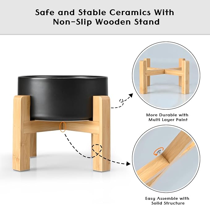 SPUNKYJUNKY Ceramic Elevated Dog Bowls 2 Pack - 6.1inch Raised Dog Bowls with Non-Slip Wooden Stand for Medium Dogs Dishwasher Safe(Black,28.7OZ*2)