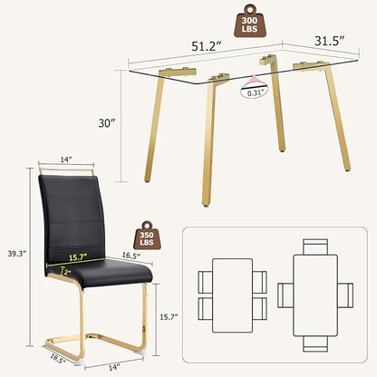 51" Glass Dining Table Set for 4,Small Kitchen Room Dining Table Set 4 with Chairs,Tempered Glass Top with Gold Legs,Easy to Assemble,Dinette Breakfast Nook