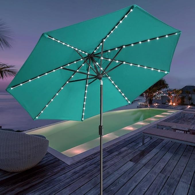 EliteShade USA 10-Year-Non-Fading Solar 9ft Market Umbrella with 80 LED Lights Patio Umbrellas Outdoor Table Umbrella with Ventilation, Teal