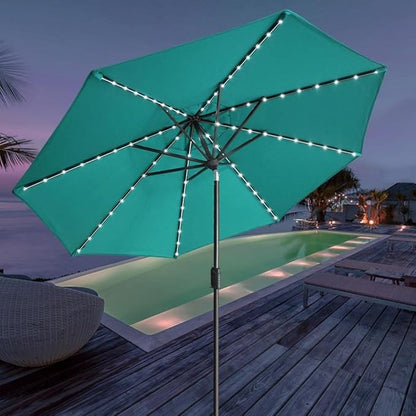 EliteShade USA 10-Year-Non-Fading Solar 9ft Market Umbrella with 80 LED Lights Patio Umbrellas Outdoor Table Umbrella with Ventilation, Teal