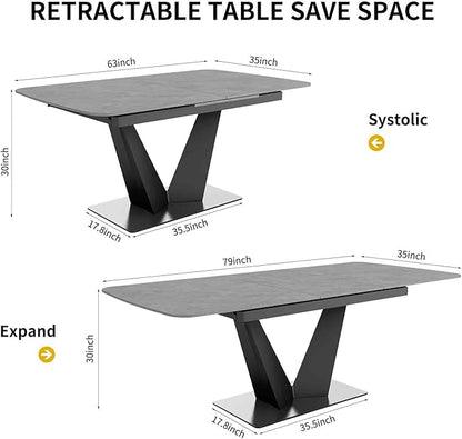 79" Modern Dining Table for 6-8 People, Gray Extendable Sintered Stone Top with V-Shaped Carbon Steel Base for Dining Rooms (1Table+4Chairs)