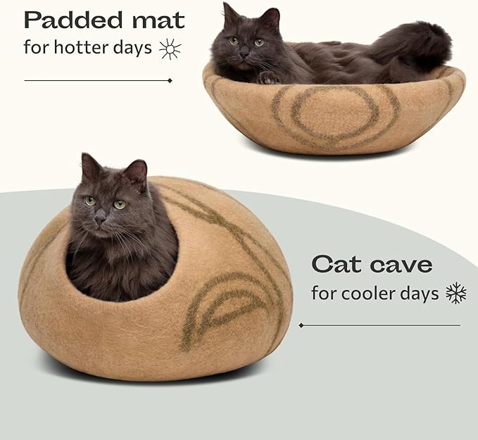 MEOWFIA Cat Cave – Premium Felt Cat Bed for Indoor Cats, Handmade 100% Merino Wool (Beige, Large)