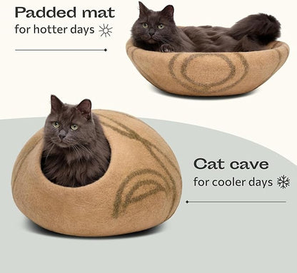 MEOWFIA Cat Cave – Premium Felt Cat Bed for Indoor Cats, Handmade 100% Merino Wool (Beige, Large)