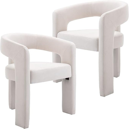 Set of 2 Modern Linen Fabric Upholstered Dining Chairs with Open-Back, Cute Barrel Side Chairs Kitchen Armchair Accent Chairs for Dining Room Bedroom, Ivory