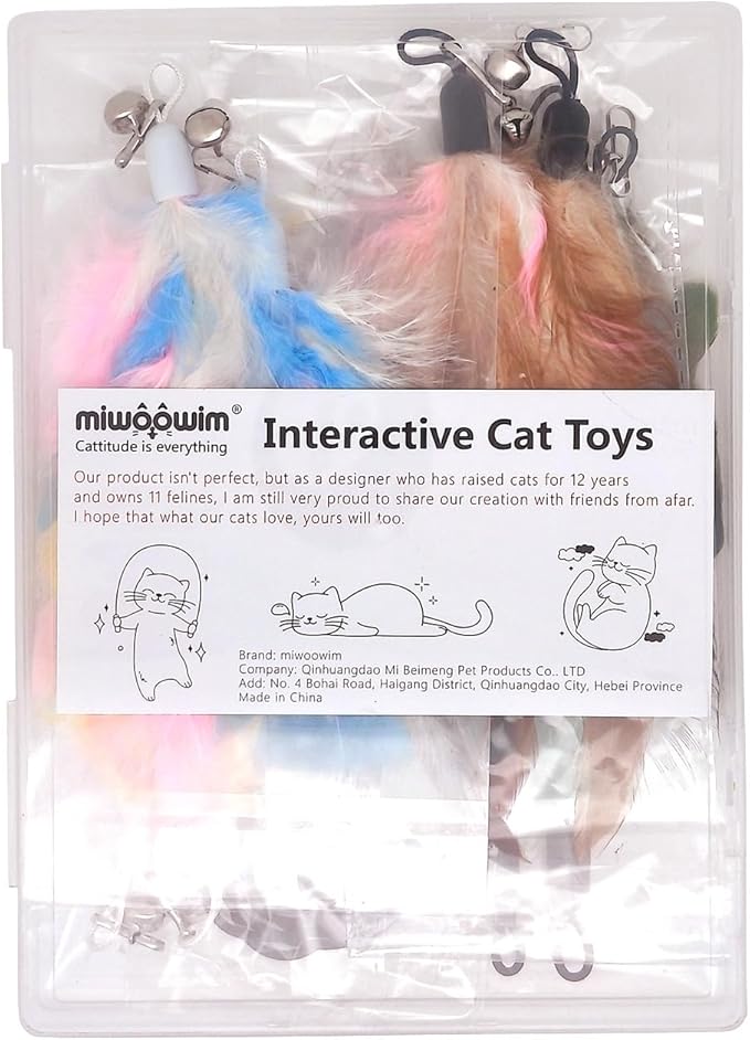 12 Pack Cat Wand Feather Toy Refills with Bells , Natural Feather Replacement for Interactive Teaser Toys, Colorful Wand Attachments, Durable and Safe Cat Toy Accessories for Exercise and Play