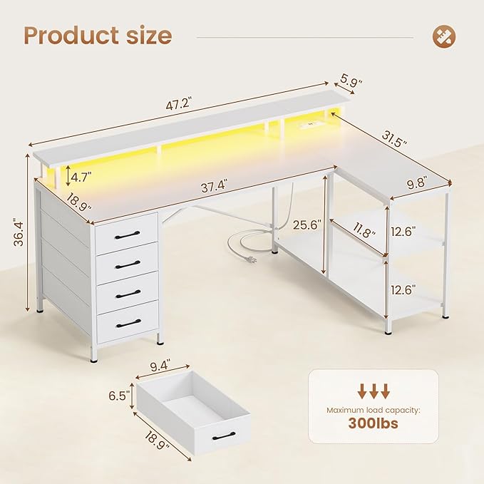 SEDETA L Shaped Desk with 4 Drawers and Storage Shelves, L Shaped Gaming Desk with LED Lights & Power Outlets, Computer Desk with Shelves & Drawer, Corner Desk Home Office Desk, White