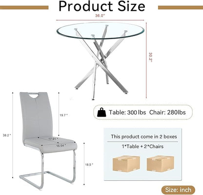 Goujxcy 3 Pieces Round Dining Table Set for 2, Modern Silver Glass Kitchen Table and Chairs for 2 with Upholstered Chairs, Circle Coffee Dining Table Set for Small Space,Apartment,Office