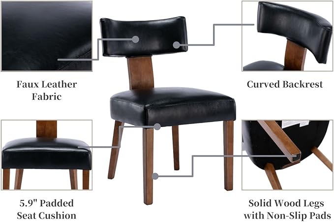 Mid Century Modern Dining Chairs Set of 6 PU Leather Upholstered Side Chairs, Modern Kitchen Armless Parson Chairs Solid Wood Dining Chairs, Black