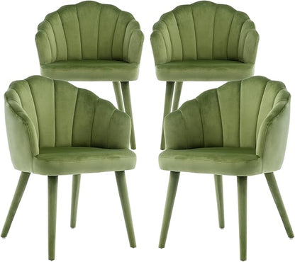 Velvet Dining Chairs Set of 4 Modern Living Room Chairs with Petal Back & Wood Legs Comfy Upholstered Side Chair for Dining Room/Bedroom/Vanity, Olive