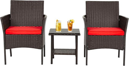 FDW | 3-Piece Patio Furniture Set | Brown & Red | Outdoor Wicker Furniture with Coffee Table | Modern Rattan Chairs Conversation Set | Outdoor Seating | Weather-Resistant | for Porch, Garden, Lawn