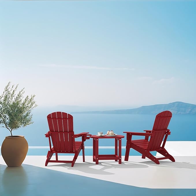 Plawdlik Folding Adirondack Chair Set of 4, SGS Tested, Wooden Textured with Cup Holder, Heavy All-Weather HDPE Comfortable Set Poolside Backyard Lawn,Red