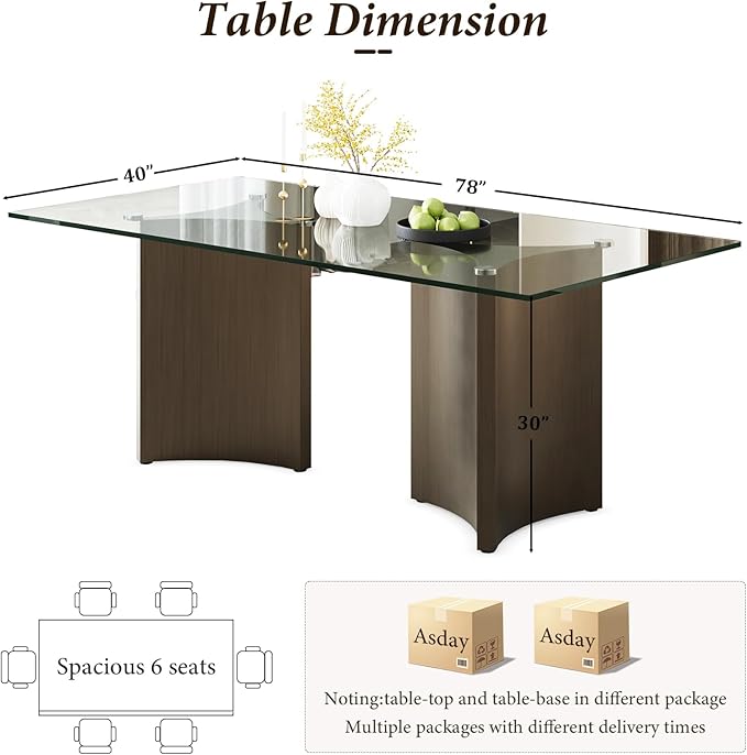 Asday 78” Modern Glass Dining Table, Rectangular Tempered Glass Kitchen Table with Dual Triangular Stainless Steel Pedestal for Living Room, Kitchen, Dining Room, Brushed Bronze