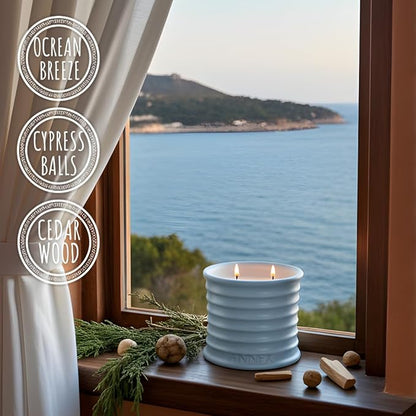 Scented Luxury Candles in Handmade Ceramic Jars, Soy Wax | Day On The Sea – Cypress & Cedar, Large Candle | Non Toxic, 2 Wicks, Reusable Big Blue Jar | Natural Spring Aromatherapy for Women & Men