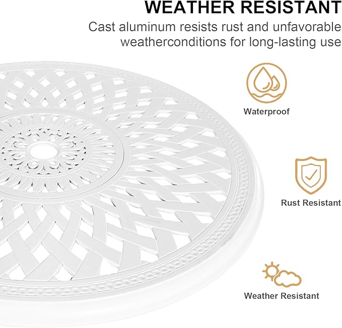 30.7" Cast Aluminum Round Patio Table,Metal Patio Dining Table with Umbrella Hole,All Weather Outdoor Bistro Dining Table for Backyard, Garden, Balcony, White