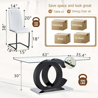 63'' Glass Dining Table Set for 6, Kitchen Table Chairs Set of 6, Clear Glass Dining Table with Black unique design Leg and Silver Metal Base, 6 PU Dining Chairs with Metal Legs, Living Room, Kitchen.
