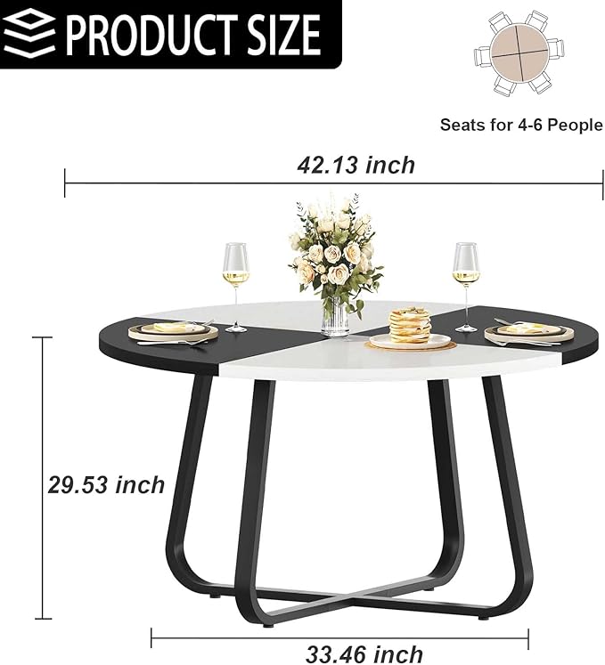 LVB Round Dining Table, Modern Wood Metal Kitchen Table, Industrial Small Dinner Room Table for 4 to 6 People, White and Black Oak, 42 Inch