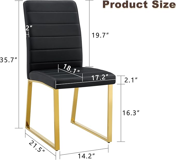 Modern Dining Chairs Set of 2, White Faux Leather Kitchen Chairs, Upholstered Armless Dining Room Chair with Gold Mental Legs Heavy Duty, Comfortable (Black and Gold, Set of 2)