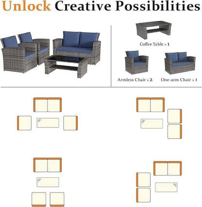 Solaste 4 Piece Outdoor Patio Furniture Set, Outdoor Sectional Sofa with Tempered Glass Coffee Table and Cushions, Wicker Rattan Patio Set for Backyard, Front Porch, Balcony, Navy