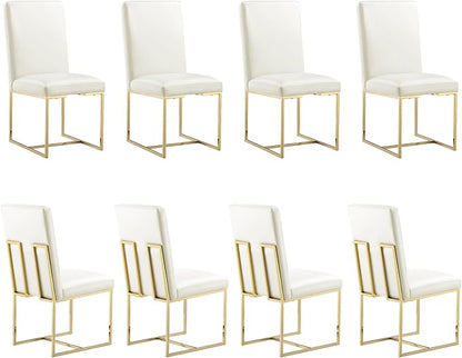 AUZ Dining Chairs Set of 8, White Faux Leather Dining Room Chairs with Gold Stainless Steel Sled Legs