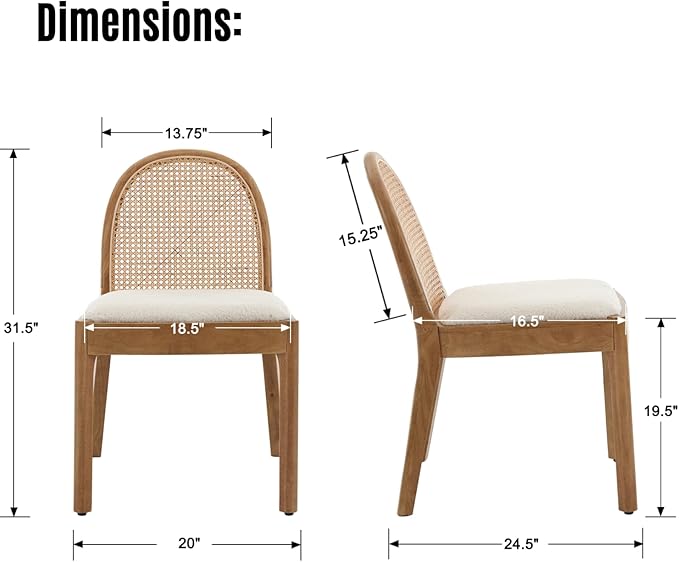 LukeAlon Modern Sherpa Dining Chairs Set of 4, Natural Woven Rattan Cane Back Side Chairs with Solid Wood Legs Mid Century Dinner Chairs for Kitchen Living Room, White