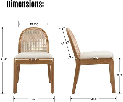 LukeAlon Modern Sherpa Dining Chairs Set of 4, Natural Woven Rattan Cane Back Side Chairs with Solid Wood Legs Mid Century Dinner Chairs for Kitchen Living Room, White