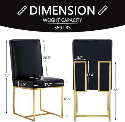 AUZ Black and Gold Faux Leather Dining Chairs Set of 6, Mid-Century Modern Luxury Upholstered Kitchen Room Chairs with Polished Stainless Steel Sled Legs