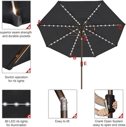 EliteShade USA 10-Year-Non-Fading Solar 9ft 3 Tiers Market Umbrella with 80 LED Lights Patio Umbrellas Outdoor Table with Ventilation,Black