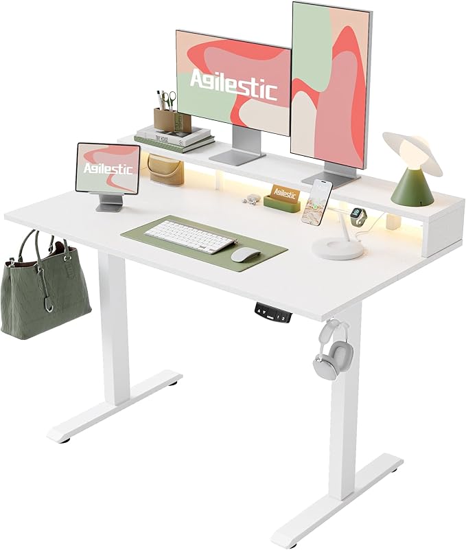 Electric Height Adjustable Standing Desk with Power Outlet and LED Light Strip, Sit to Stand, Ergonomic 48x24" Rising Desk with Memory Presets, Home Office Workstation, Computer Gaming Table, White