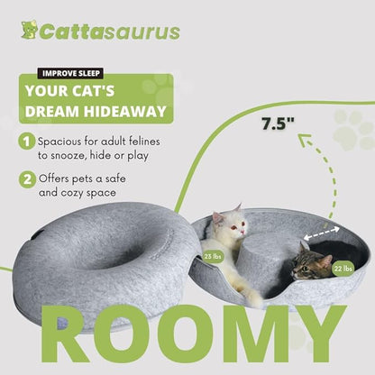 CATTASAURUS Peekaboo Cat Cave for Multiple & Large Cats Up to 30-45 Lbs, Scratch Detachable & Washable Tunnel Bed, Comfy Donut Cat Cave (Light Gray + Light Gray, Large)