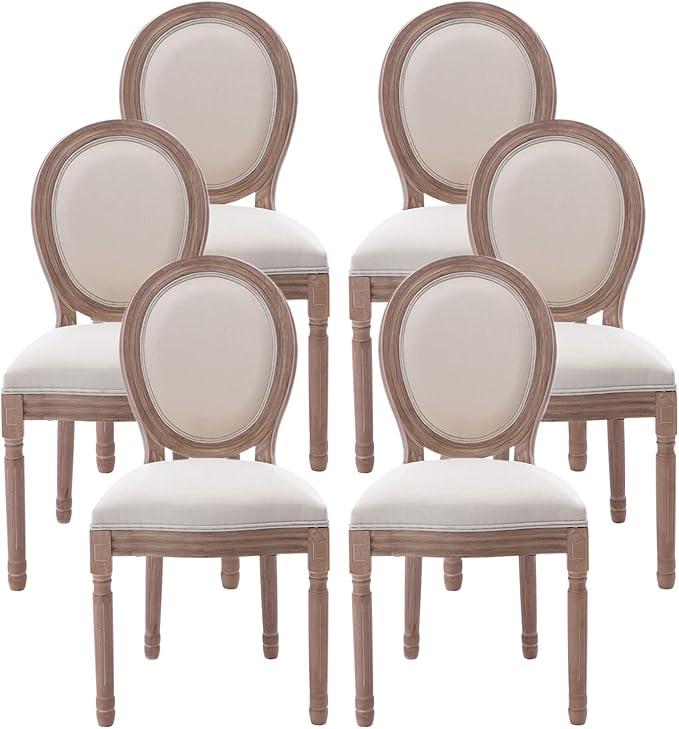 Nrizc French Dining Chairs Set of 6, French Country Dining Chair, Vintage Farmhouse Dining Chairs with Round Back, Solid Wood Beige Fabric Dining Room Chairs, for Kitchen, Bedroom, Dining Room