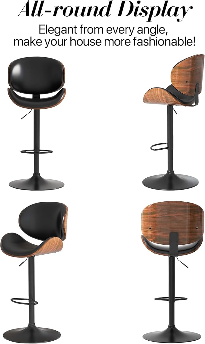 Adjustable Swivel Bar Stools Set of 2, Modern Bentwood Barstool with Large Metal Base and Footrest, PU Leather Upholstered Bar Chair with Curved Back for Kitchen Island Dining Room, Black