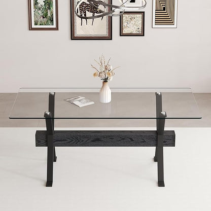 Glass Dining Table 71"｜Modern Dining Table for 6｜0.4" Thick Tempered Glass Top｜Matte Black Metal Legs｜Black Crossbar｜Easy Assembly｜Perfect for Dining Room or Kitchen