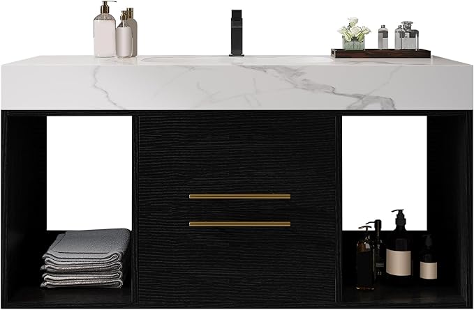 Goujxcy 39.4" Wall Mounted Bathroom Vanity with Sink, Modern Floating Bathroom Cabinet with Ceramic Sink & 2 Drawers, Wood Hanging Bath Room Cabinet with Soft-Close System (White & Black)