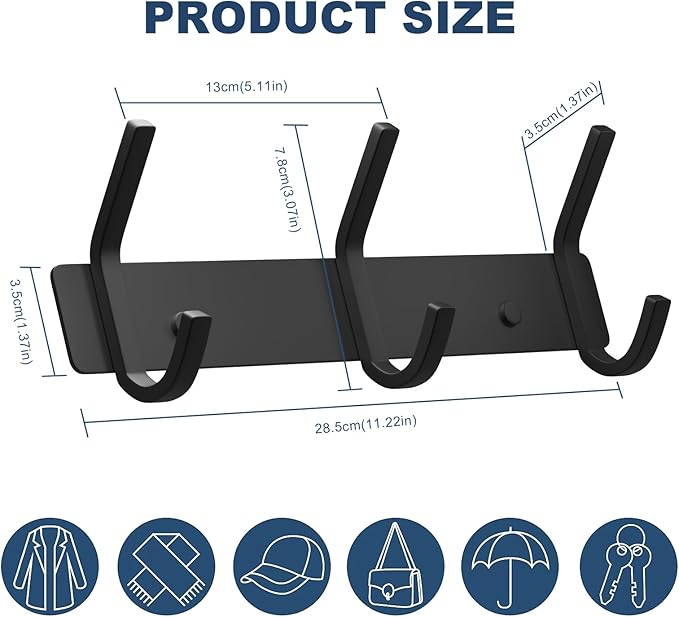 VAEHOLD 2PACK Coat Hooks Wall Hook for Hanging Clothes Robes Towels Hats Heavy Duty Coat Hanger Coat Rack Wall Mount with 3 Hooks - Black