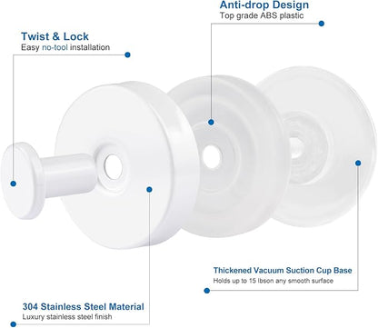 Suction Cup Hooks for Towels Robes, Heavy Duty Bathroom Shower Hooks Stainless Steel, No Drill on Smooth Wall,Glass,Mirror, Tile in Bedroom Kitchen to Hang Swimsuit Washcloths (4, White)