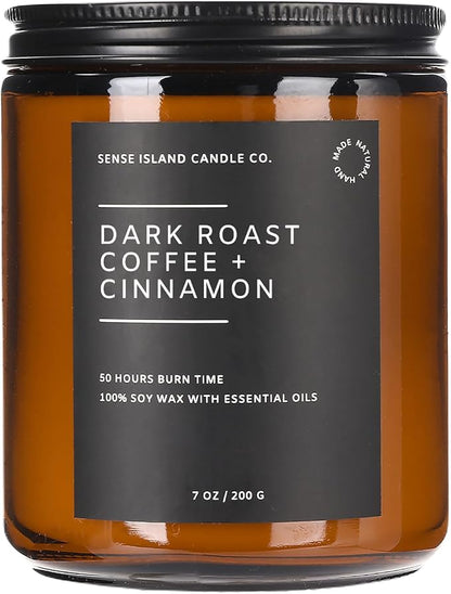 SENSE ISLAND Dark Roast Coffee with Cinnamon Scented Fall Candle | Natural Soy Wax 7 oz, up to 50 Hrs Burn Time Highly Scented House Warming Autumn Gifts